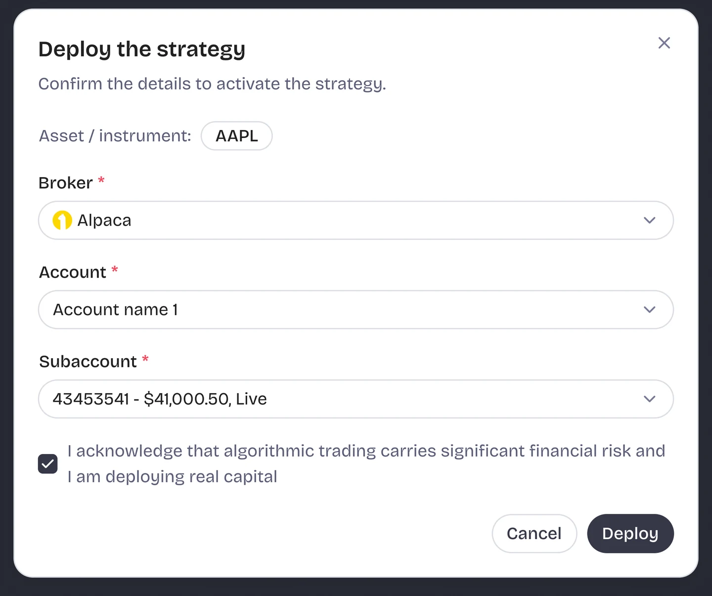 QuantGenie deploy dialog with an explicit acknowledgment that algorithmic trading carries financial risk.
