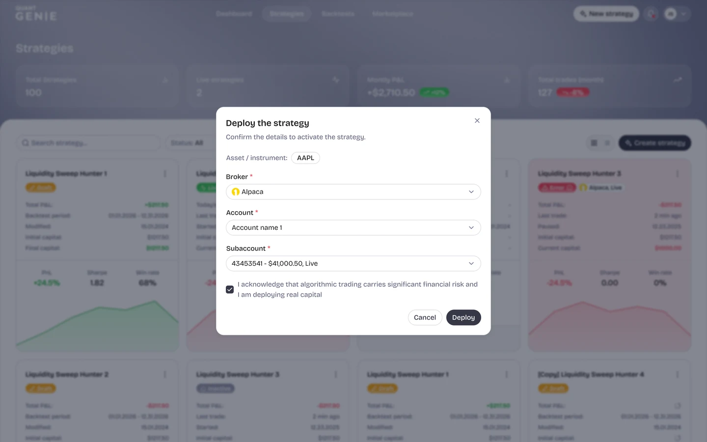 QuantGenie deploy screen — confirming broker sub-account details before activating a strategy.